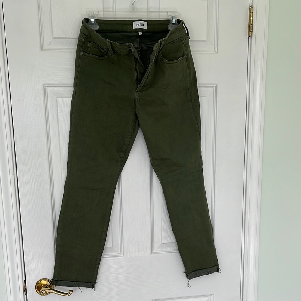 Pistola Olive 5 pocket Green Jeans with unfinished hem. Inseam 25 inches.
